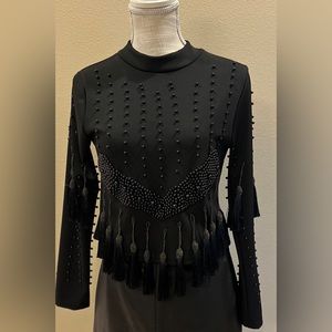 Black tassel & beaded embellished top. Scuba material with stretch. Size M. NWT